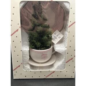 Vintage Dillard's Trimmings Teacup Miniature Evergreen Tree Ornament 5.5" Tall